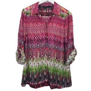 Glance Pink Ikat Print Sheer Button Up Blouse Woman Sz M